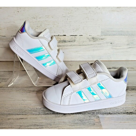 Adidas Grand Court White Iridescent 3 Stripe Sneakers Toddler Girls Size 6K - Picture 1 of 12
